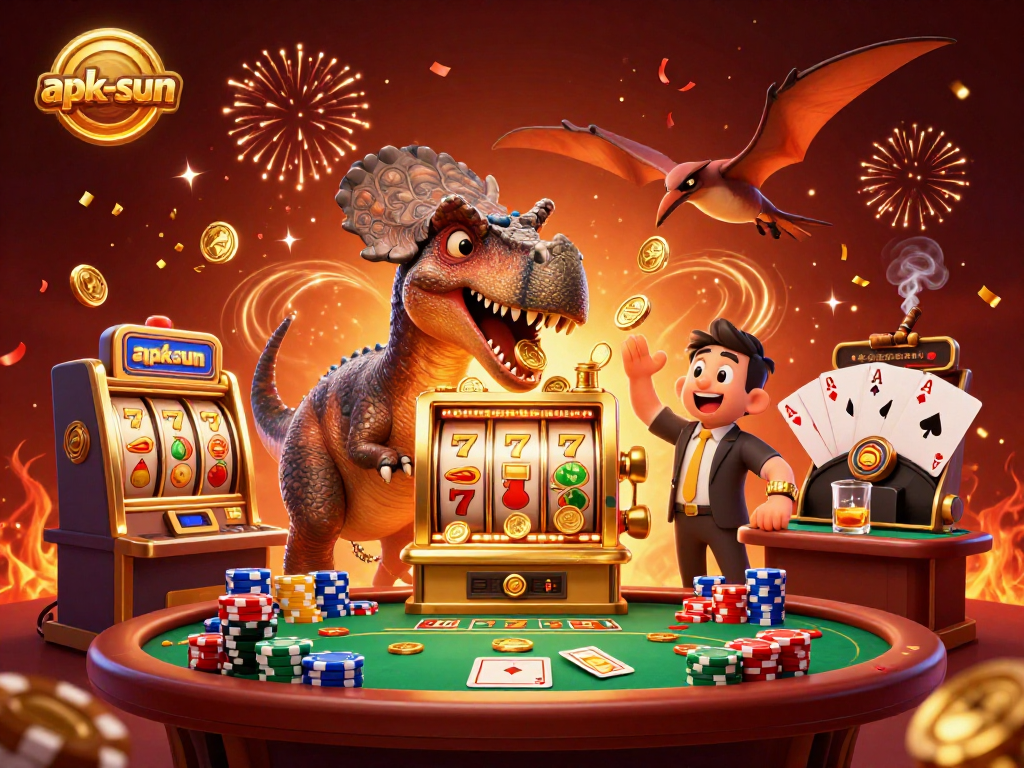 Experience big wins with apk-sun as characters celebrate jackpot payouts in a vibrant casino scene.