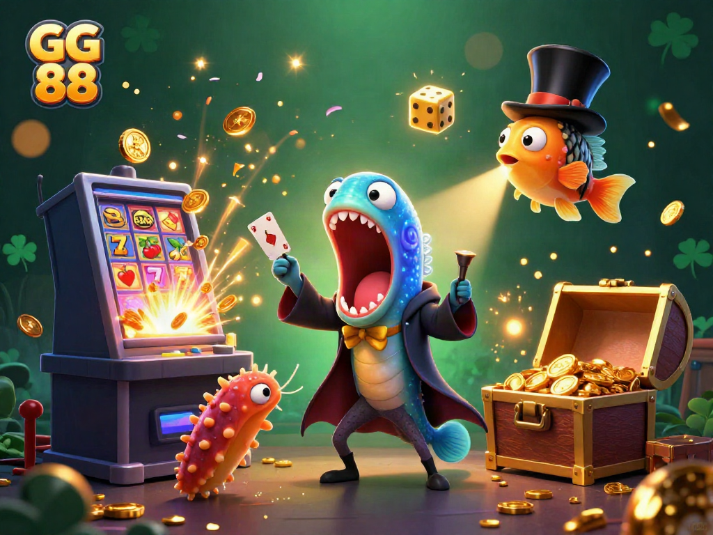 Experience the thrilling magic of GG 88 with vivid casino elements and enchanting sea creatures in this dynamic illustration.