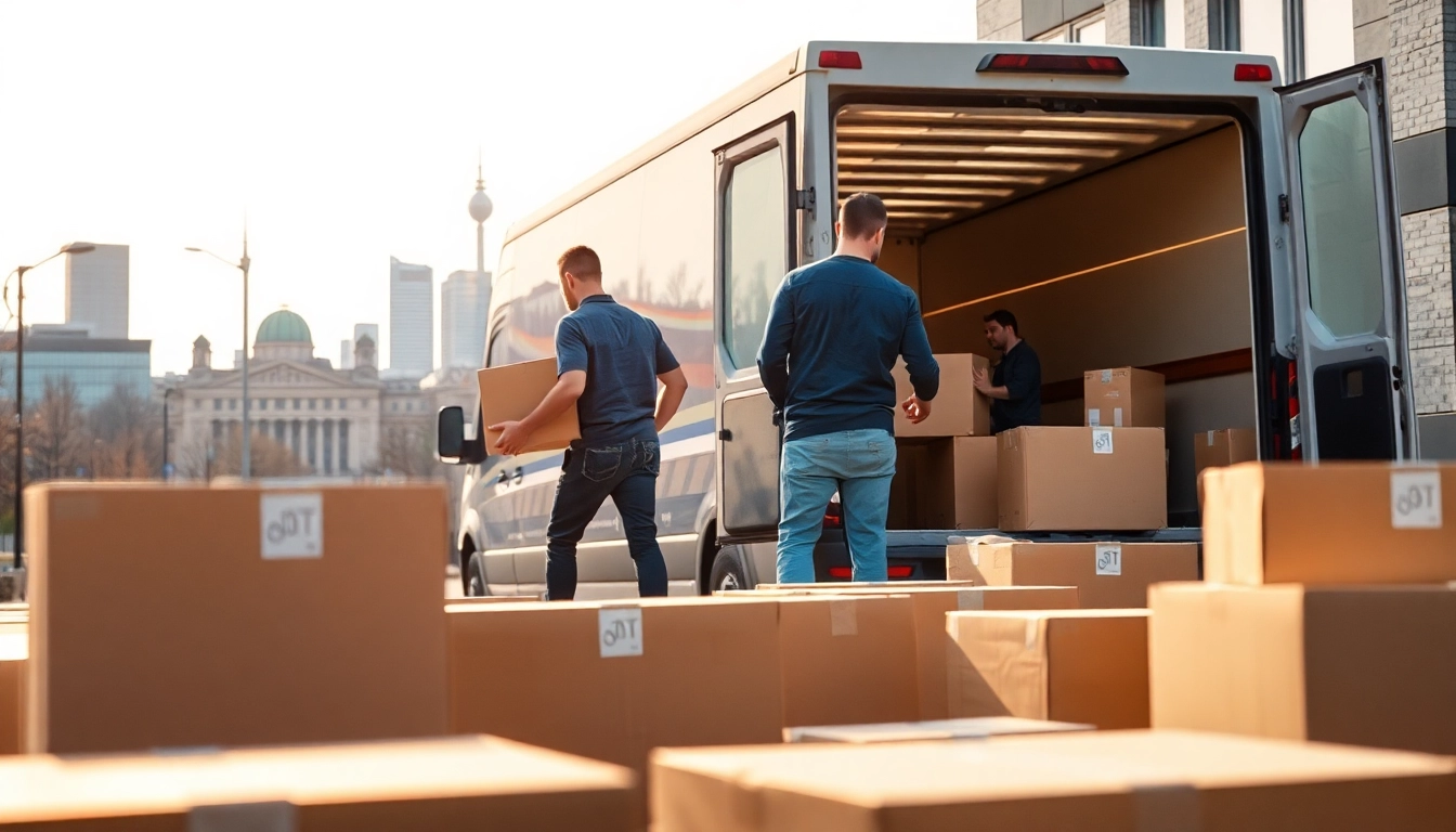 Professionelle Umzugshelfer einer Umzugsunternehmen München Berlin packen für einen großen Umzug, mit dem Berliner Hintergrund.