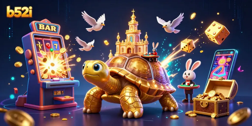 Experience the excitement of b52i with a vibrant, bustling casino scene featuring a golden tortoise and rabbit dealer.
