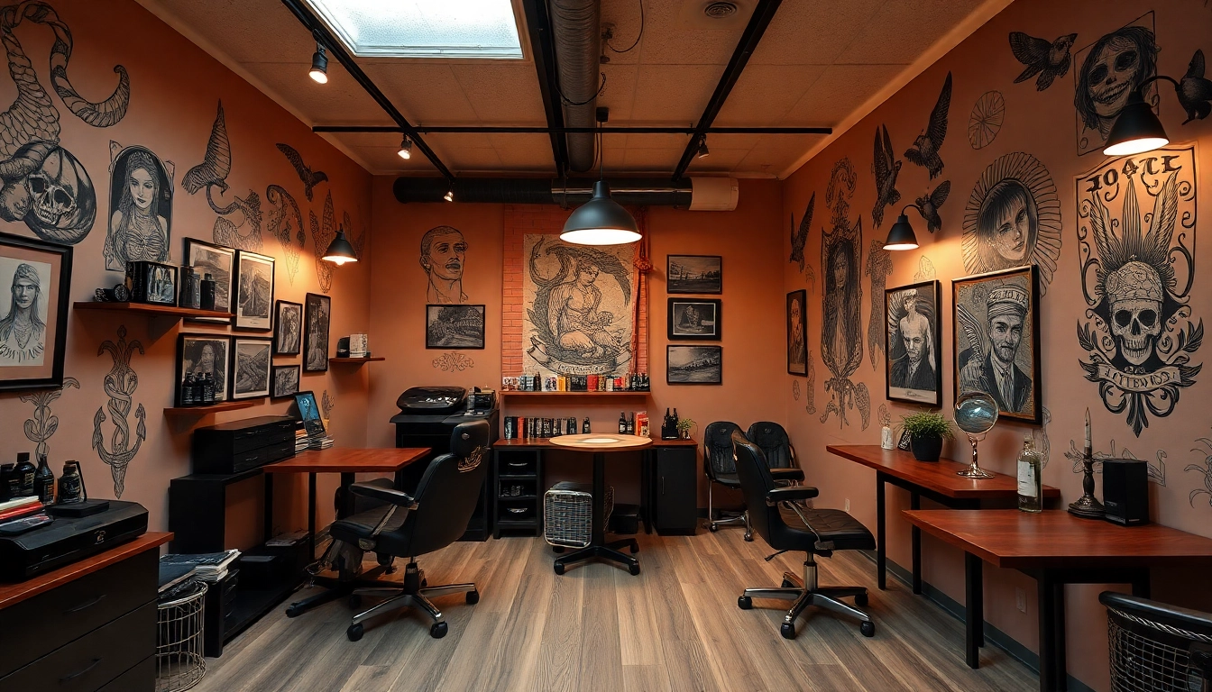 Tattoo Studio München, kreatives und einladendes Ambiente mit künstlerischen Wandgemälden und stilvollem Design.