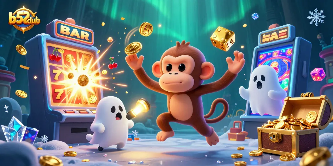 Experience the excitement of b52club's immersive casino action with a playful poltergeist monkey and ghost-hunter puppy.