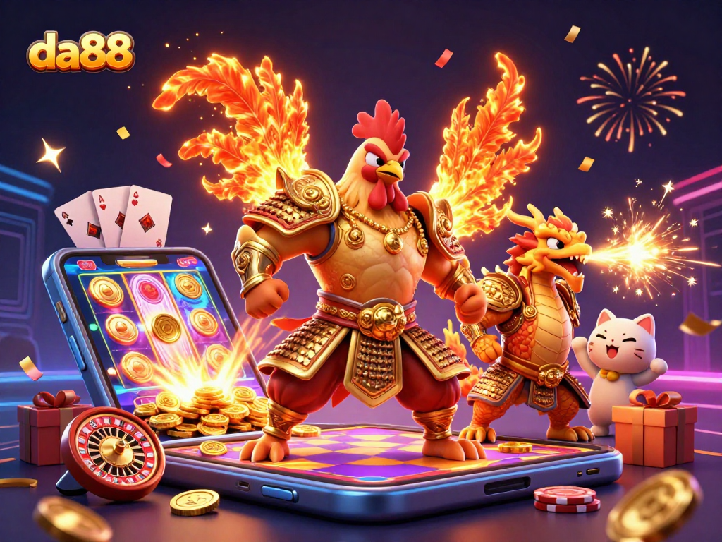 Engage in thrilling gaming with da88's colorful 3D casino illustration of dynamic characters and action.