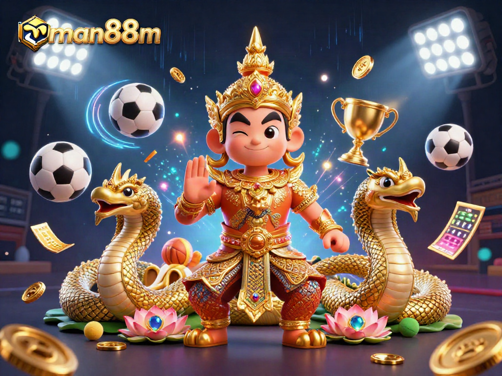 Experience thrilling sports betting with man88m at a packed casino scene featuring vibrant guardians and game elements.