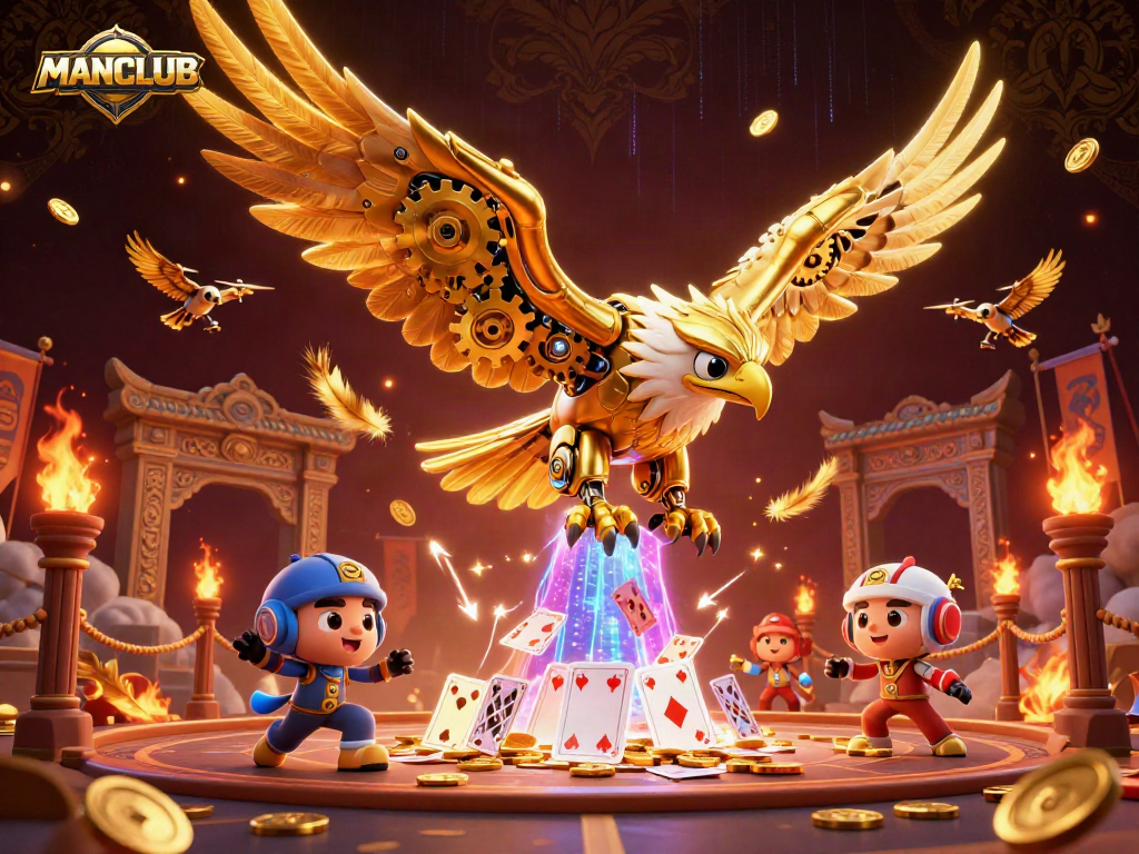 MANCLUB showcases dynamic casino action with a cybernetic eagle amidst holographic cards and vibrant elements.