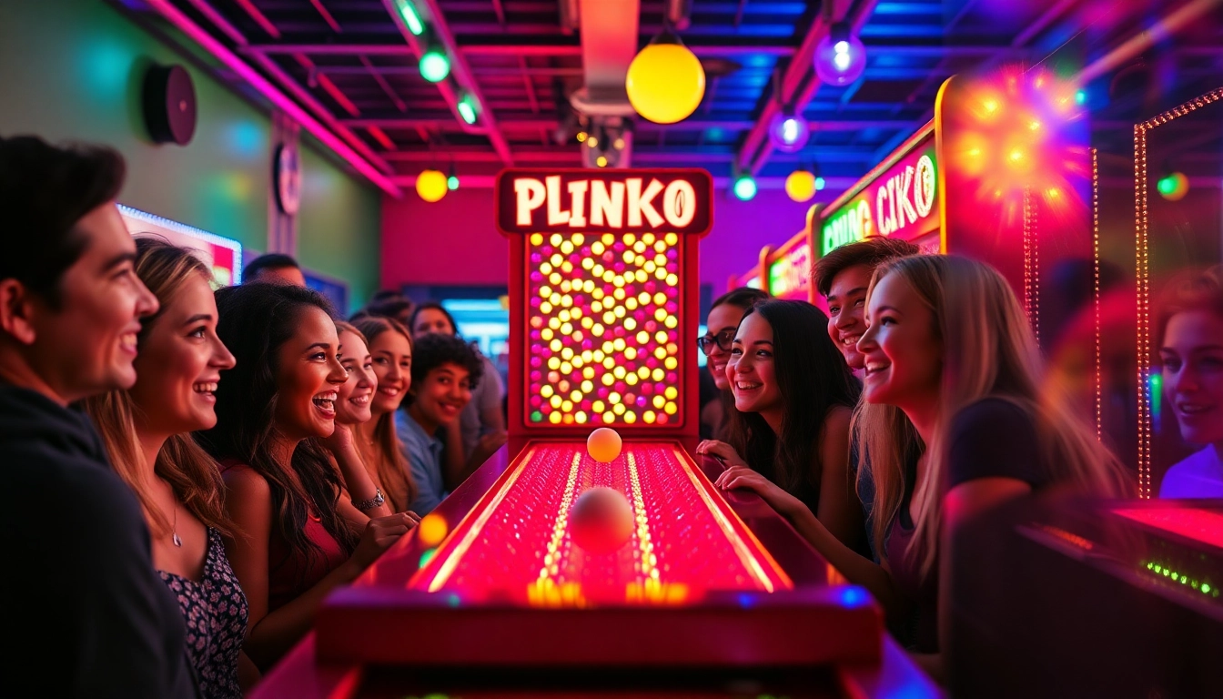 Experience the thrill of the plinko game with colorful pegs and lively players.