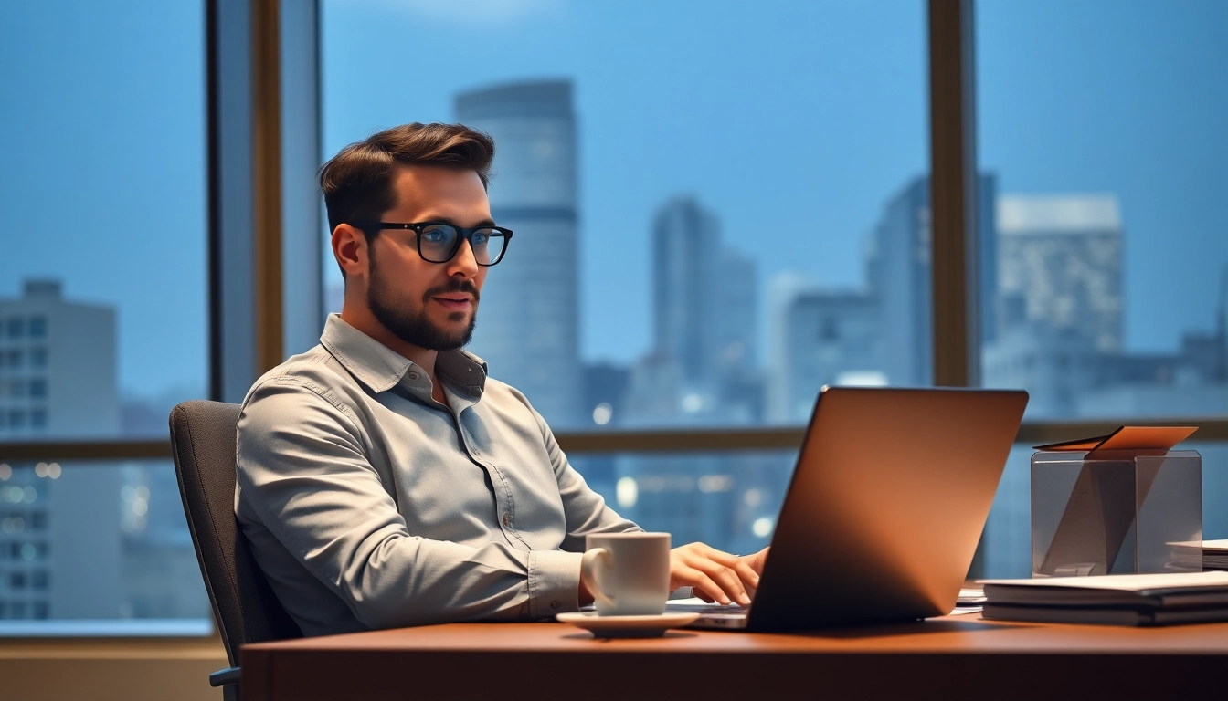 Headhunter Vertrieb arbeitet konzentriert im Büro am Laptop mit Stadtblick.