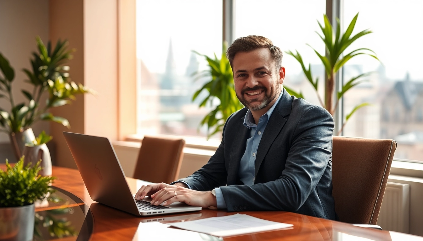 Headhunter Köln berät Kunden in modernem Büro mit Laptop.
