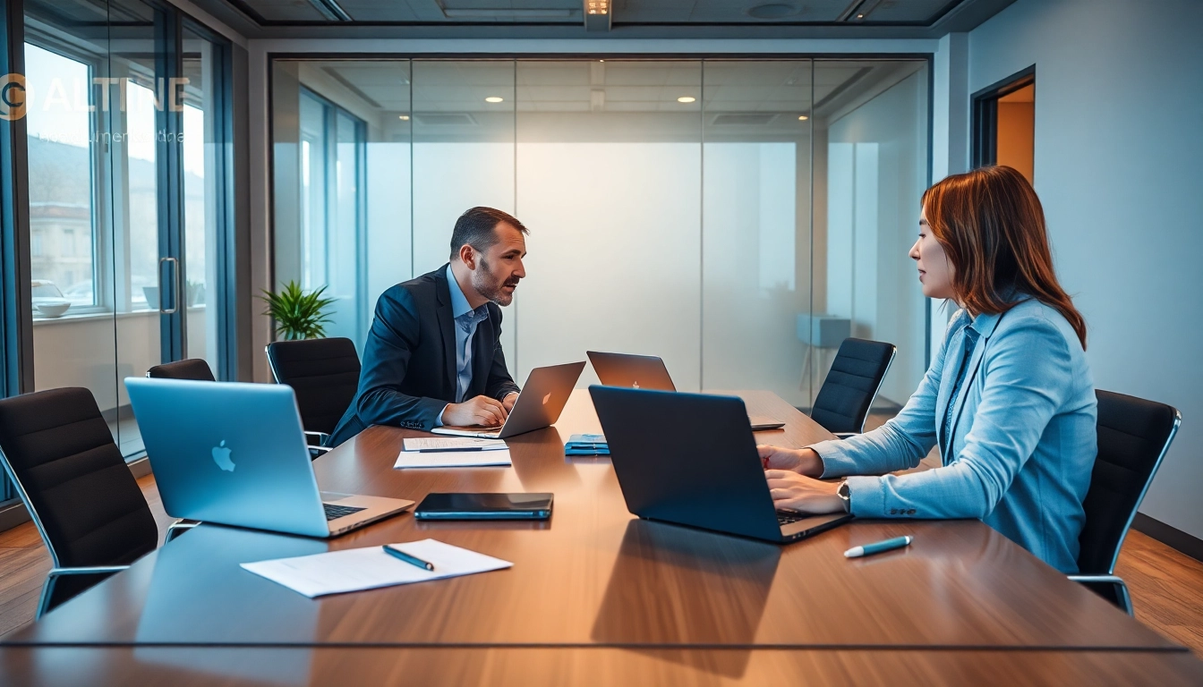 Headhunter Leverkusen engaged in a professional discussion with a client in a modern office setting.