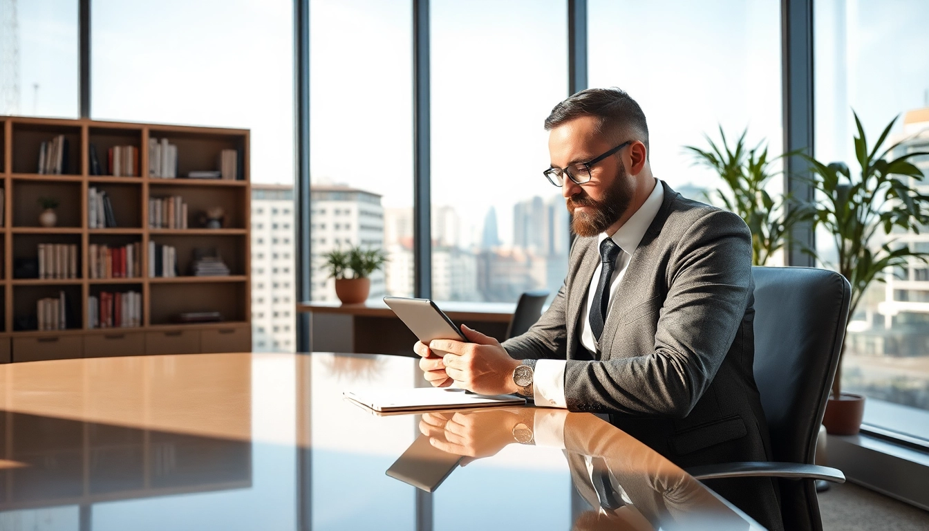 Professioneller Headhunter in einem modernen Büro in Essen mit Tablet im Gespräch.