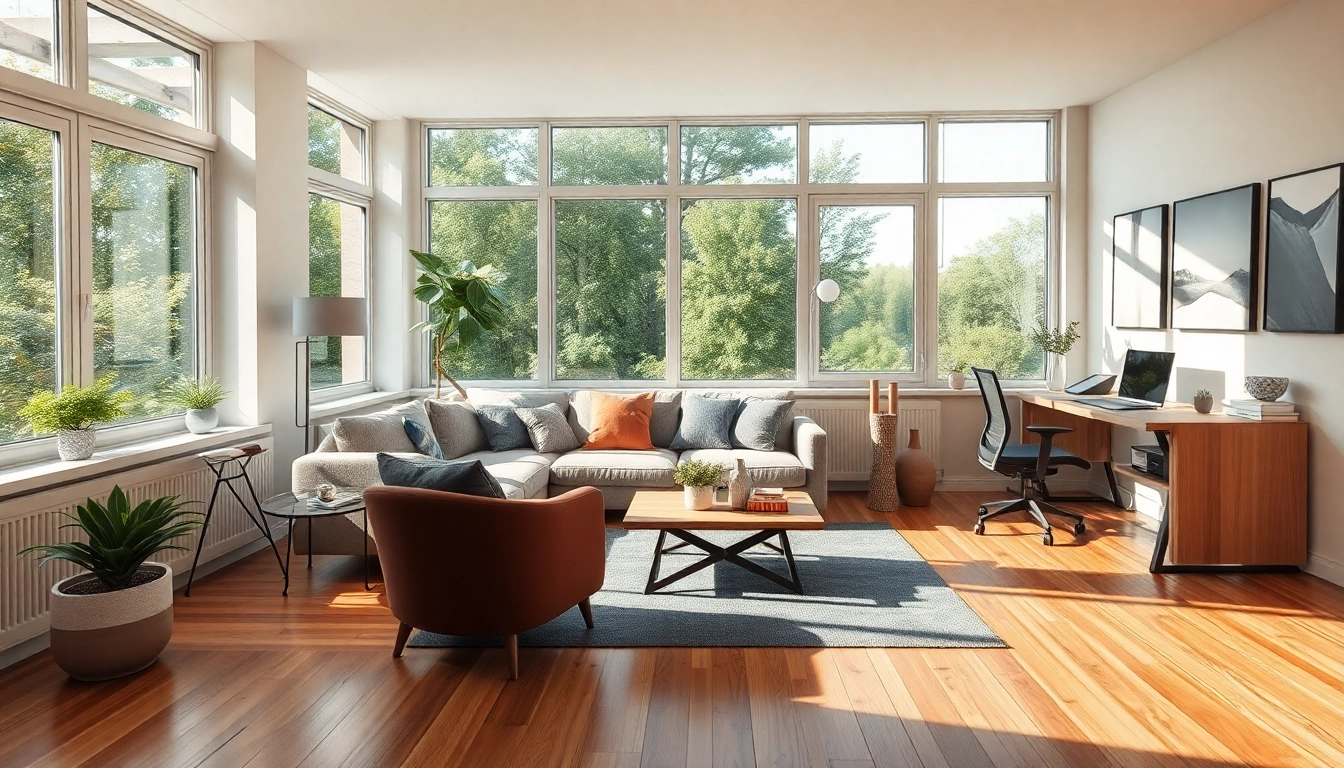 Raumgestaltung eines modernen Wohnraums mit eleganter Couch, Pflanzen und viel Licht.