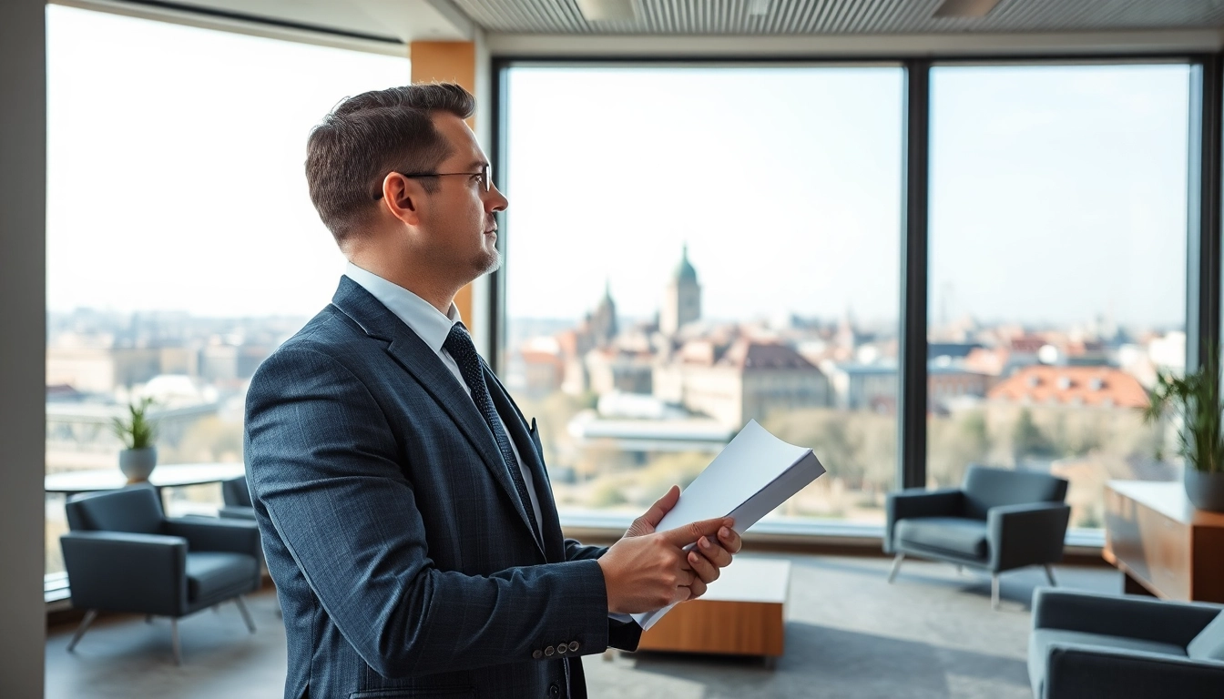 Headhunter Wolfsburg in modernem Büro mit Stadtblick, selbstbewusst und professionell.