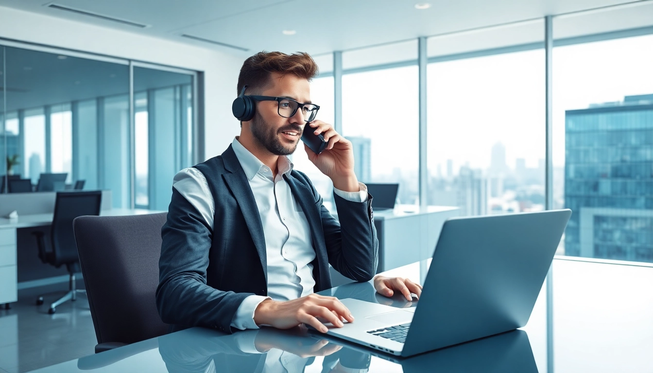 Headhunter CEO im modernen Büro, professionell am Telefon, dynamische Atmosphäre.