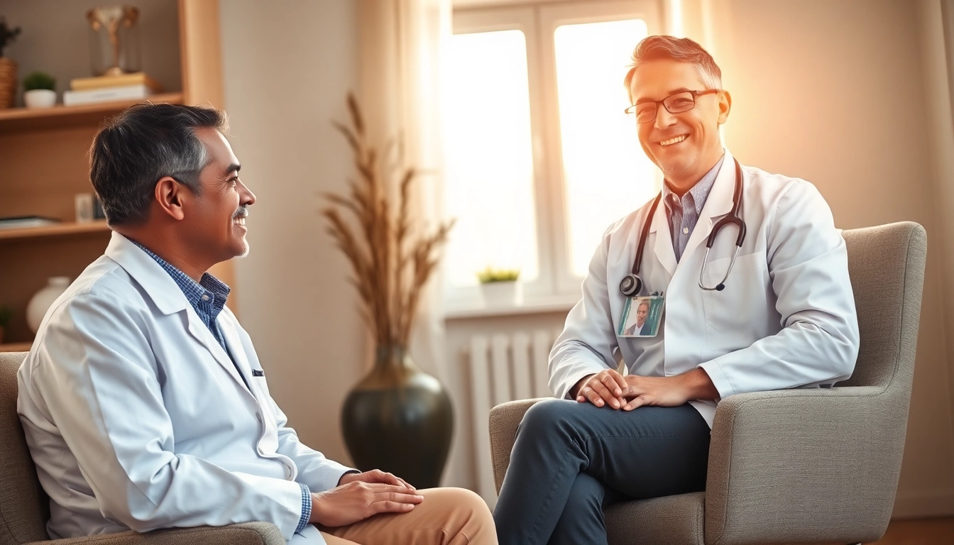 Arzt bietet Patienteninformation in moderner Praxis an, vermittelt Vertrauen.