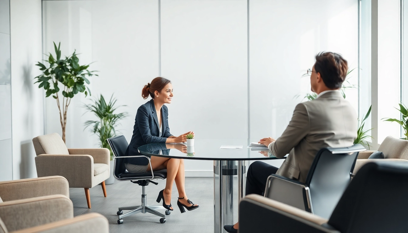 Ein Personalvermittler bespricht mit Bewerbern erfolgreich Optionen in einem modernen Büro, was Personalvermittlung zeigt.