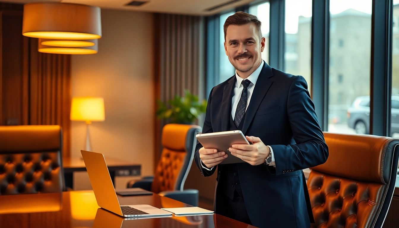 Professioneller Headhunter Gastronomie in einem modernen Büro, beim Telefonieren mit einem Tablet, zeigt Engagement und Expertise.