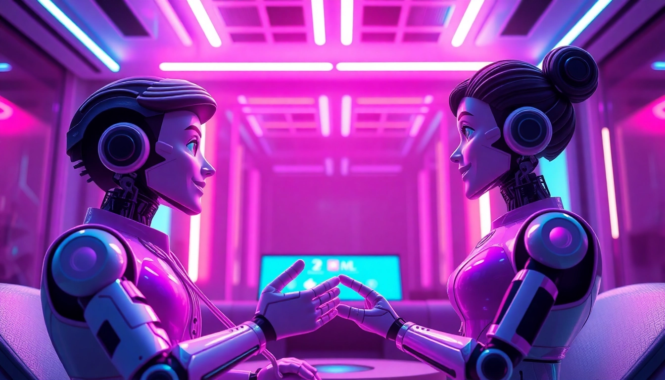 Vibrant digital artwork of AI characters engaging in free sex AI chat, showcasing exciting interaction in a neon-lit virtual space.
