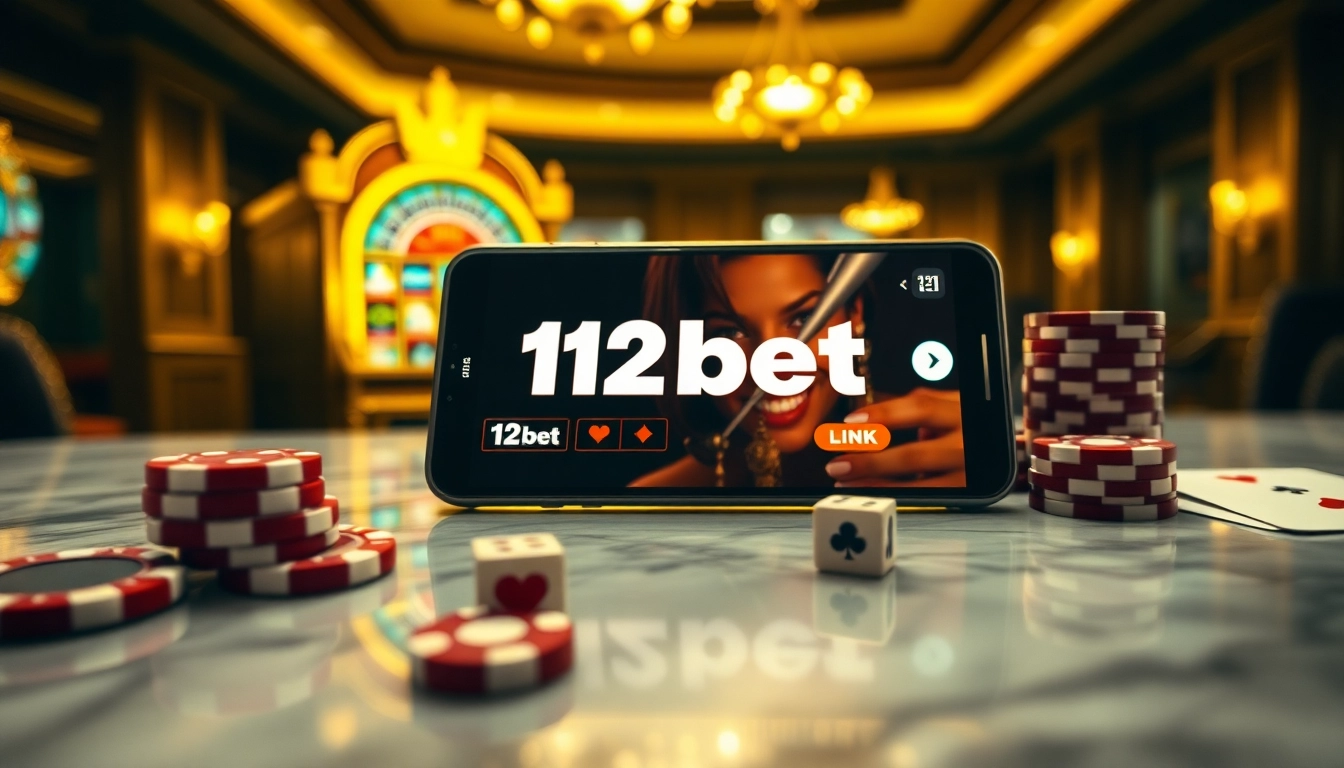 Experience excitement with the link 12bet showcased in a vibrant casino setting featuring slot machines and poker elements.