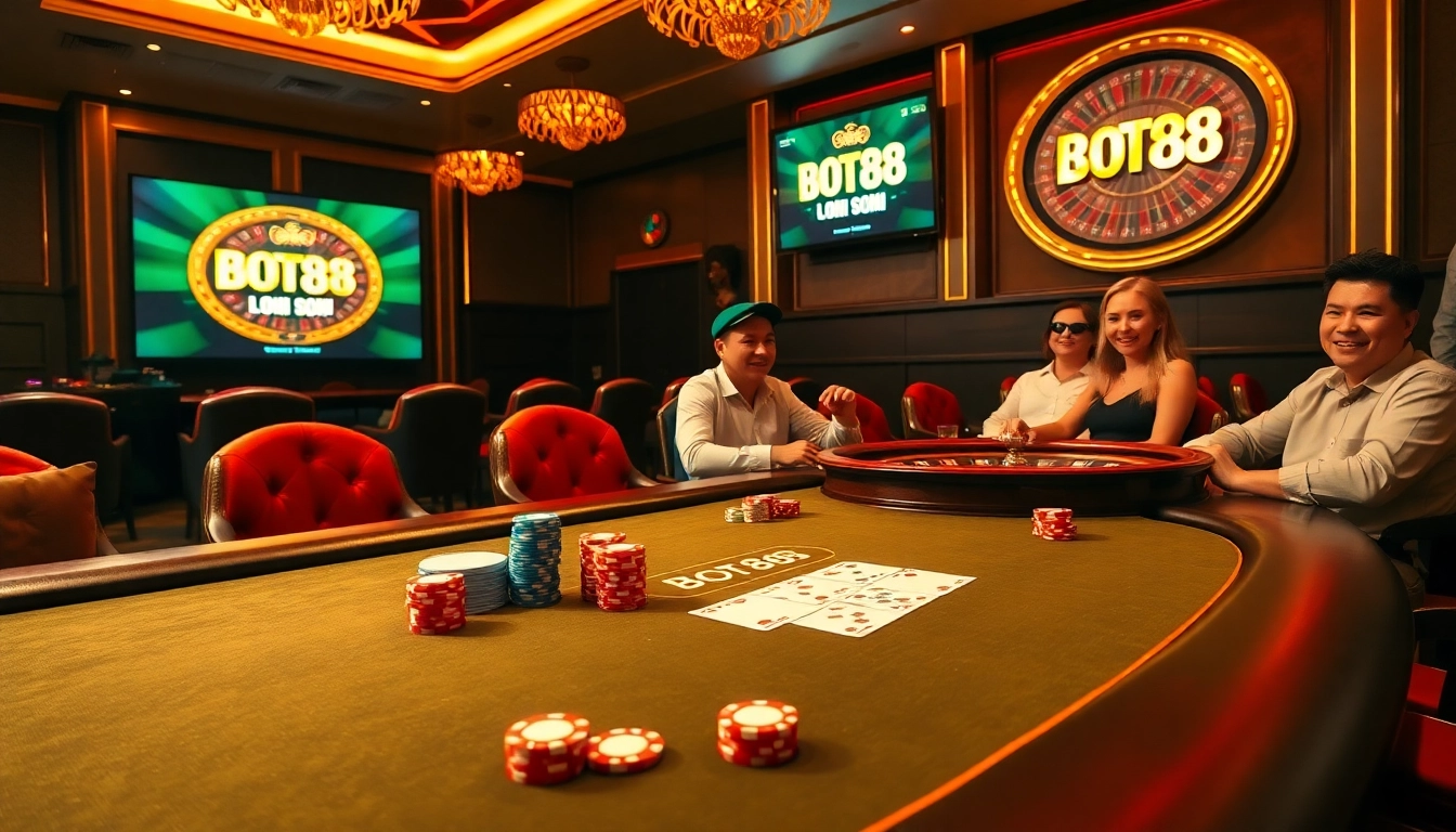 Engage in thrilling games at BOT88 LOGIN with a luxurious casino backdrop featuring poker and roulette.