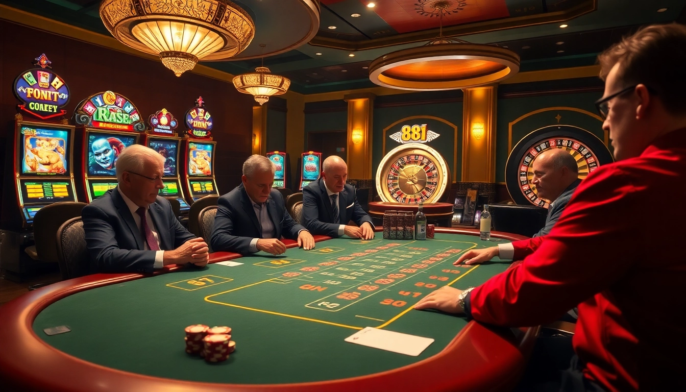 Engage in thrilling 88i game action at a luxurious blackjack table with players and vibrant slot machines.