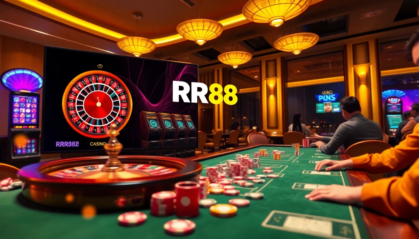 Players engaging in thrilling online gambling experiences at RR88 casino with vibrant casino elements.