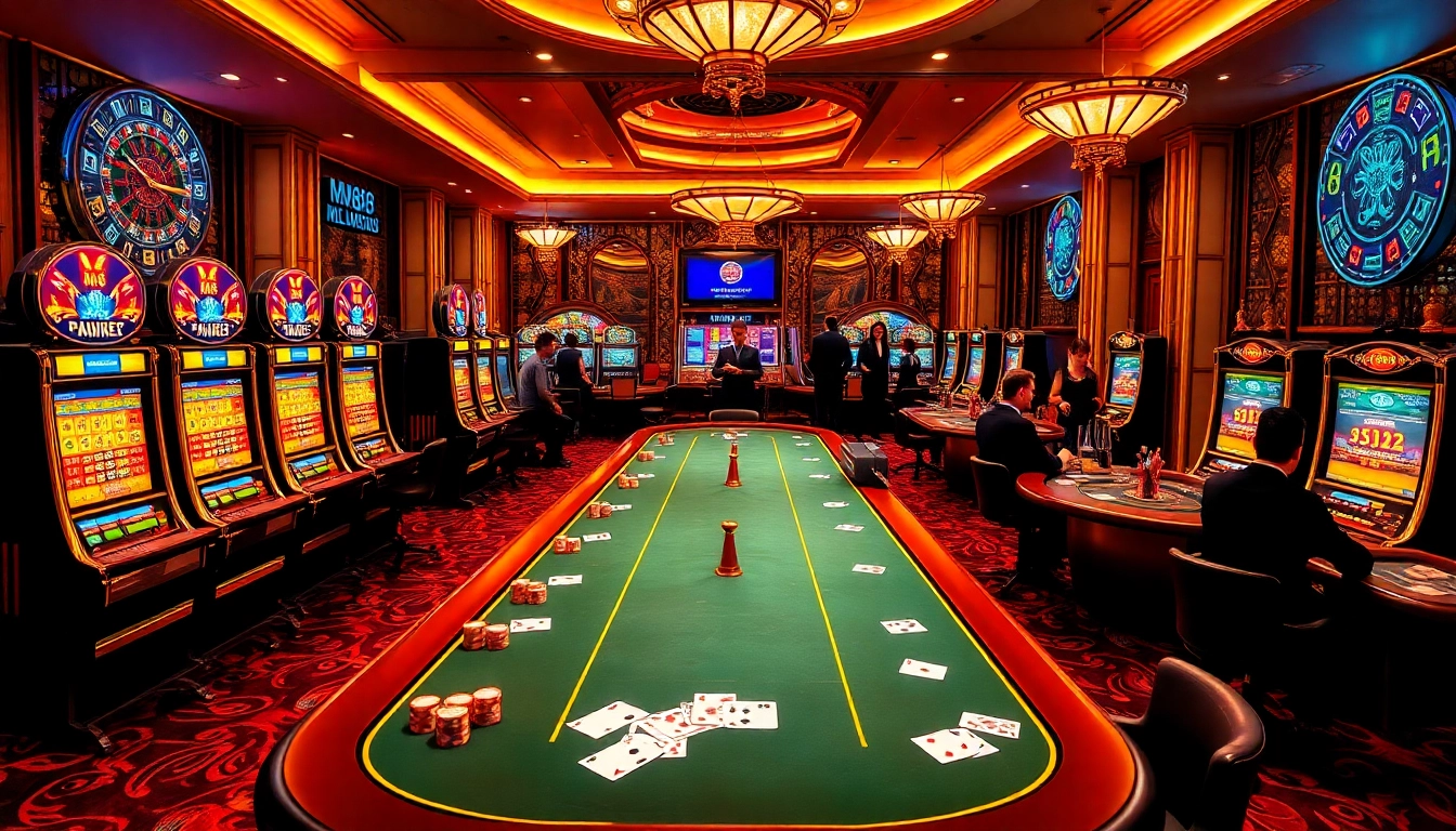 MM88 casino scene showcasing vibrant slot machines and gaming tables in an exciting atmosphere.