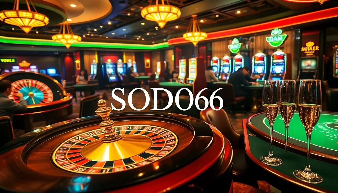 SODO66 casino scene with roulette wheel, poker games, and luxury ambiance