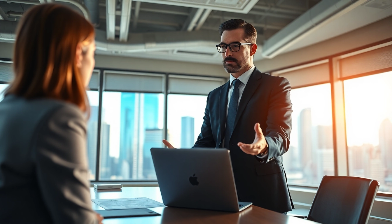 Effektiver Headhunter Schweiz bei der Arbeit im Büro mit Stadtblick.