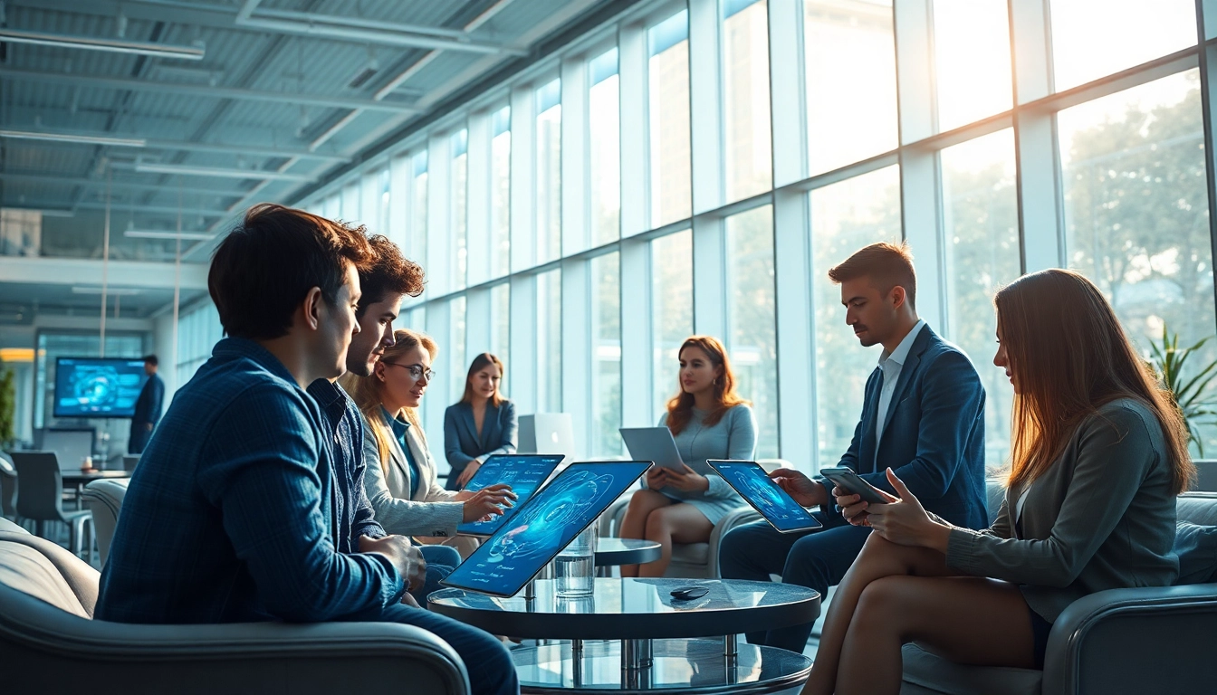 Young professionals collaborating in a futuristic workspace with 18+ ai technology