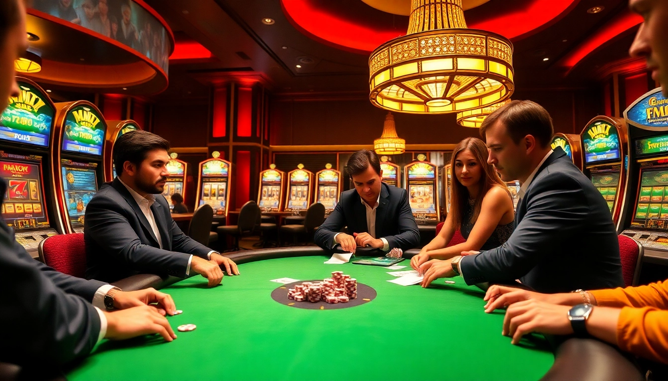 Experience the excitement of MM88 with players at a stylish poker table surrounded by casino elements.