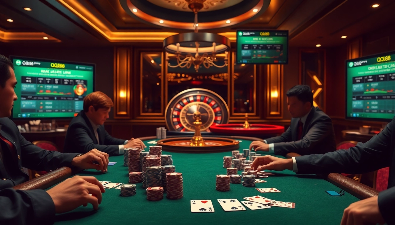 Intense poker action at qq88 co com with luxurious chips and cards in play.