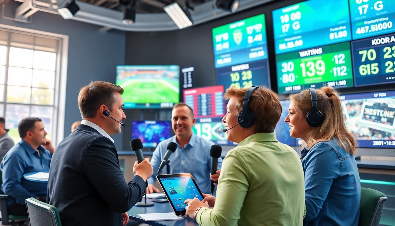 Hosts engaging in sports broadcasting with modern tech and lively décor.