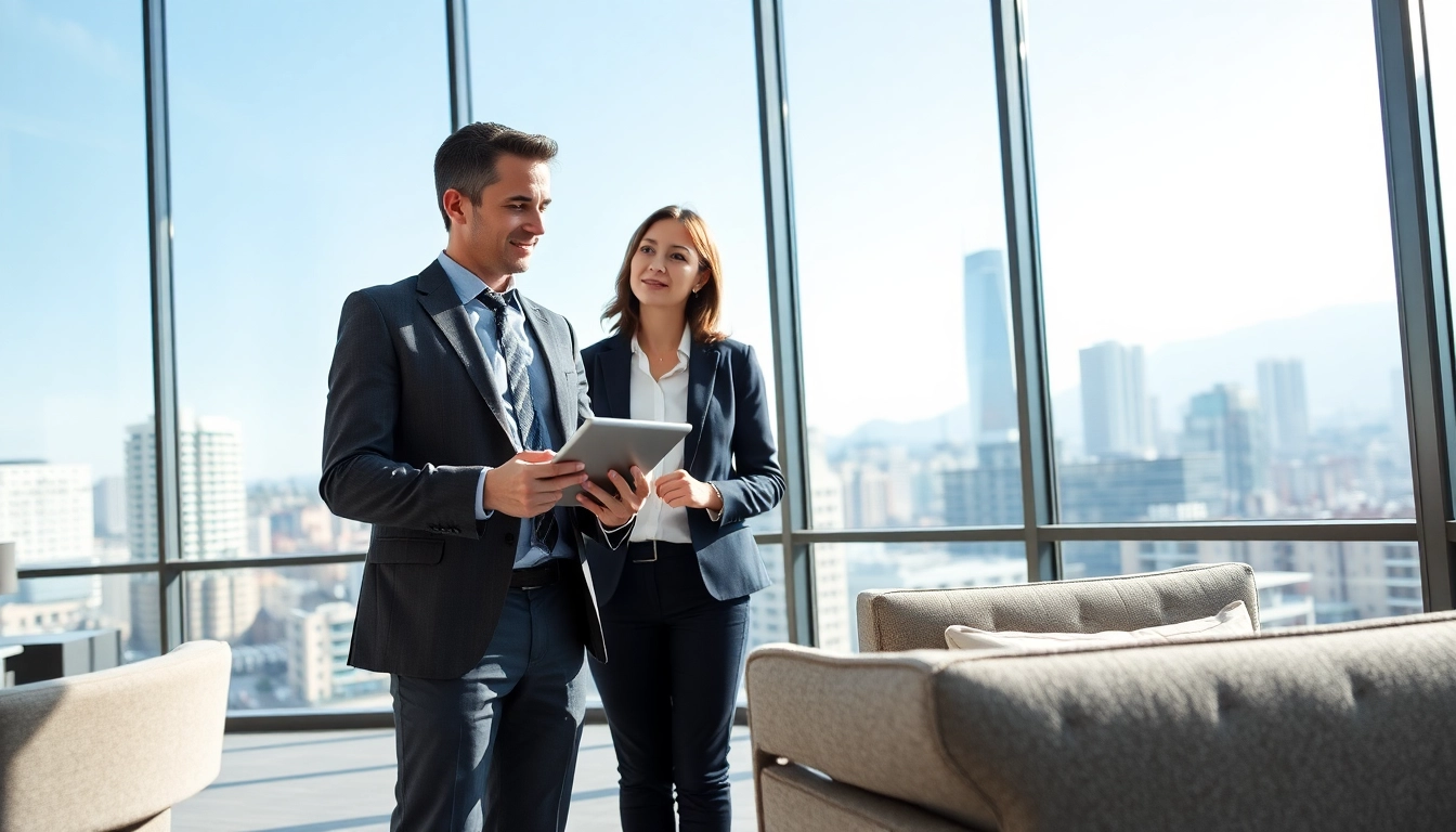 Headhunter Schweiz berät einen Klienten in einem modernen Büro mit Blick auf die Skyline der Stadt.