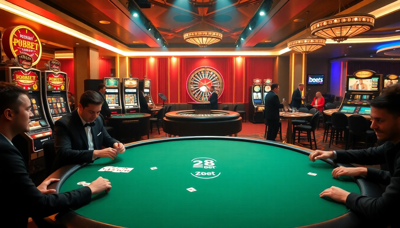 28bet players engage at a high-stakes poker table amidst vibrant slot machines in a luxurious casino.