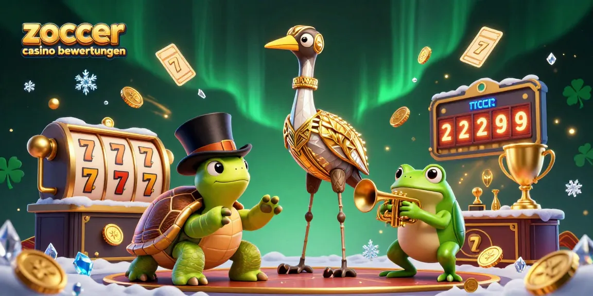 Zoccer casino bewertungen showcases a vibrant 3D scene with lively casino characters amidst flying slot reels and golden coins.