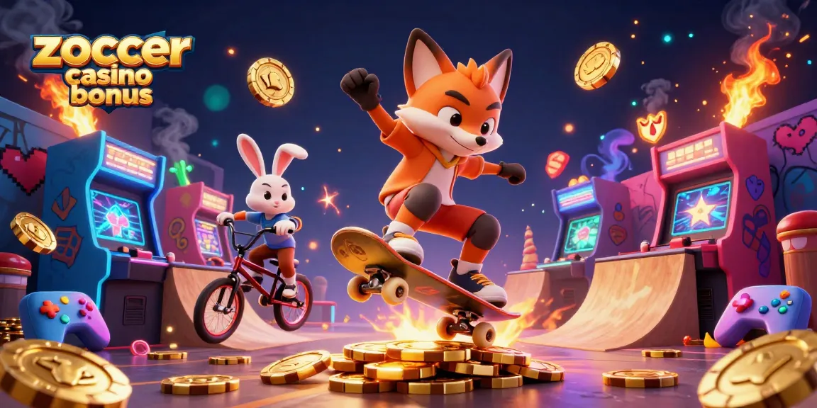 Zoccer Casino Bonus: 3D Illustration mit skateboardendem Fuchs und BMX-Hasen, umgeben von Spielautomaten und Casino-Symbolen.
