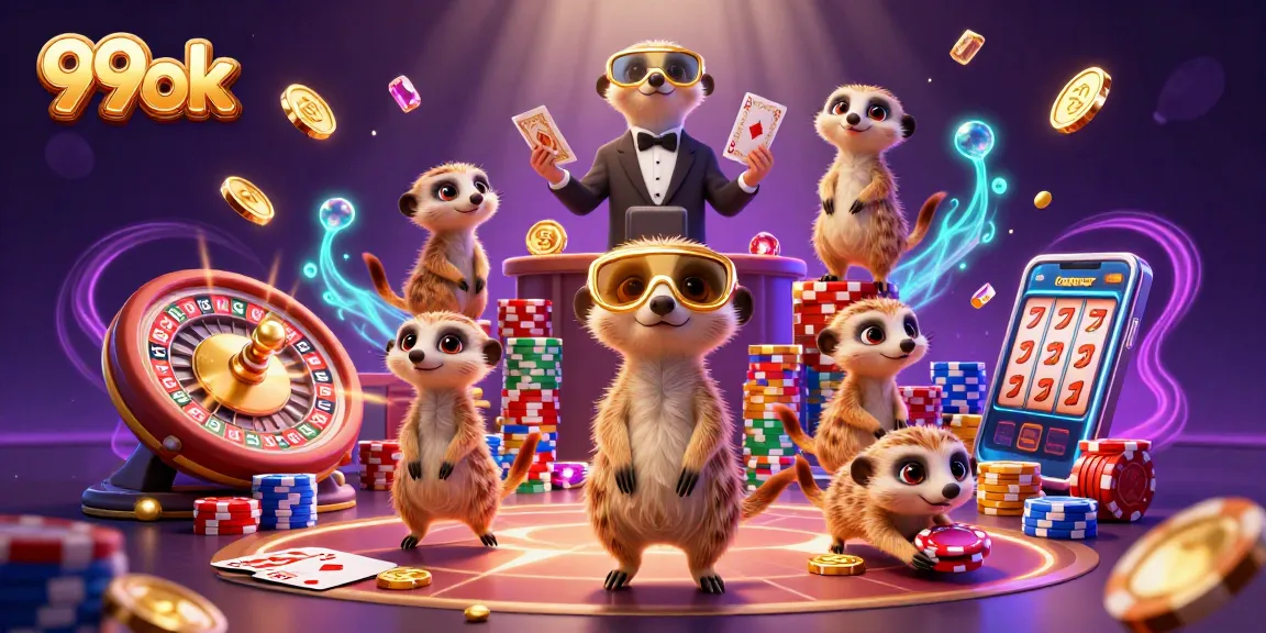 Experience thrilling gaming with 99ok as meerkats run a vibrant casino filled with sparkling gems and coins.