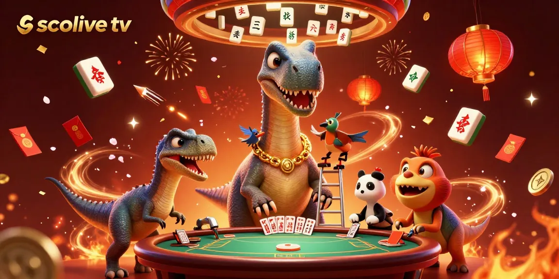 Socolive tv showcases a vibrant 3D scene of a dinosaur-themed casino with playful card dealing and colorful decorations.