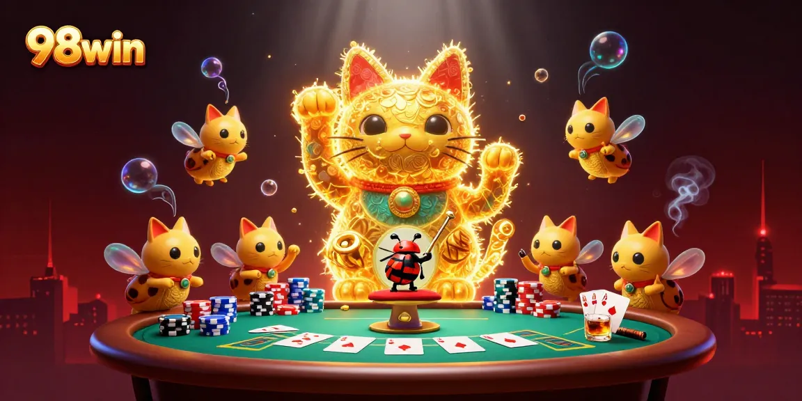Experience the excitement of 98win with the lucky cat and vibrant casino symbols in a dynamic scene.