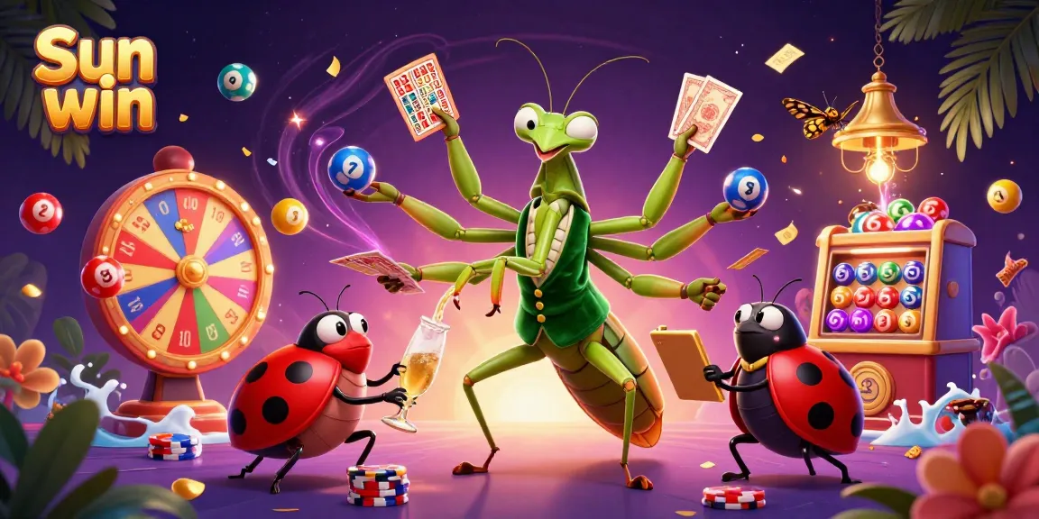 Engage with the vibrant Sun win featuring a giant praying mantis dealing cards in a dynamic casino scene.