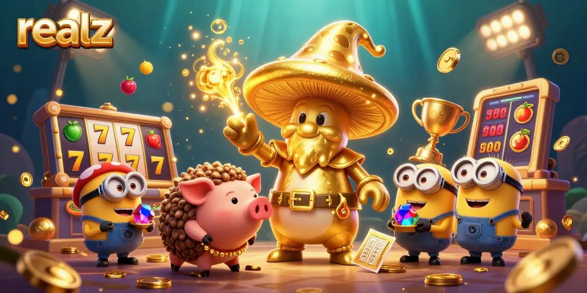 Spin the reels at Realz Casino featuring a magical scene with golden elements and treasures.