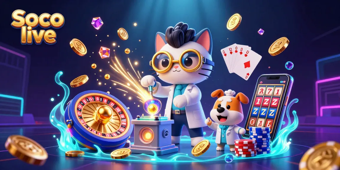 Soco live offers thrilling 3D illustrations of mad scientist and dog creating coins amidst dazzling gems and casino elements.