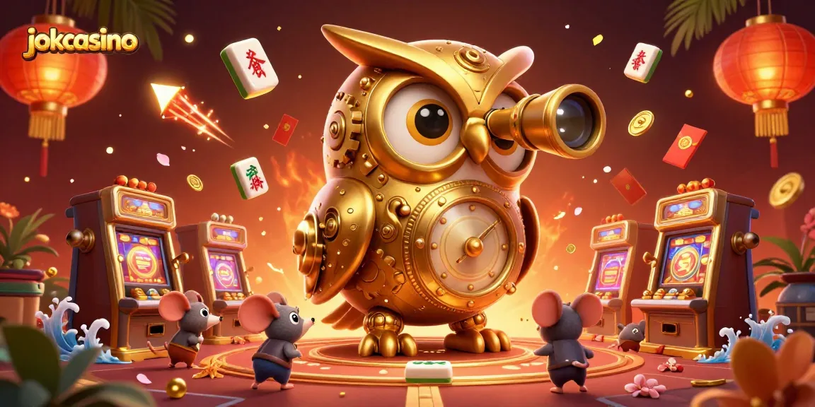 Engage with jokacasino's thrilling 3D illustration featuring a clockwork owl and vibrant casino elements.