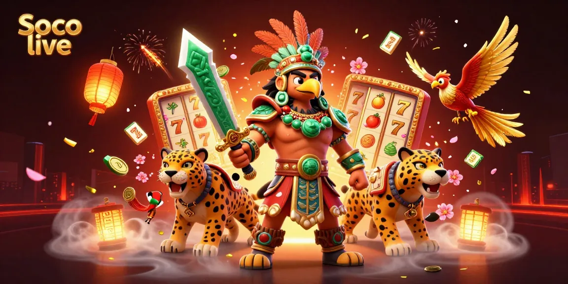 Soco live features a vibrant scene with Aztec warriors and casino elements like slots and golden coins.