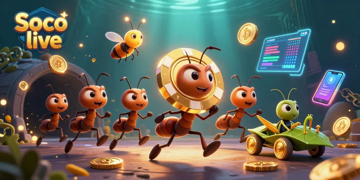 Soco live captures a thrilling heist with ants running with a giant poker chip amidst vibrant cryptocurrency elements.